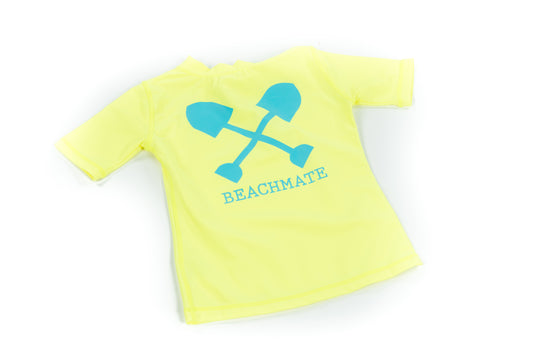 Neon yellow kids short‑sleeve swim shirt — Beachmate rash guard flat lay