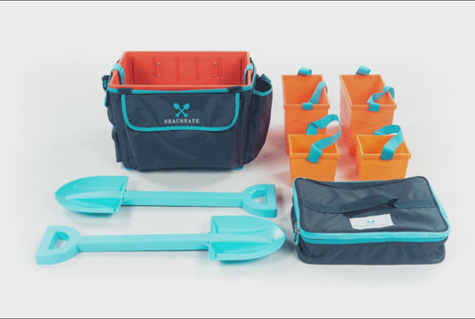 Beachmate System on sand with tote, 5 stackable buckets and 2 shovels