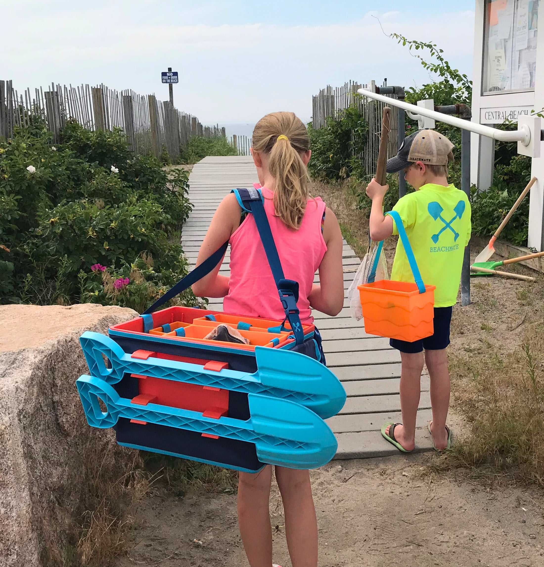 Two kids with beachmate full system and two shovel one bucket