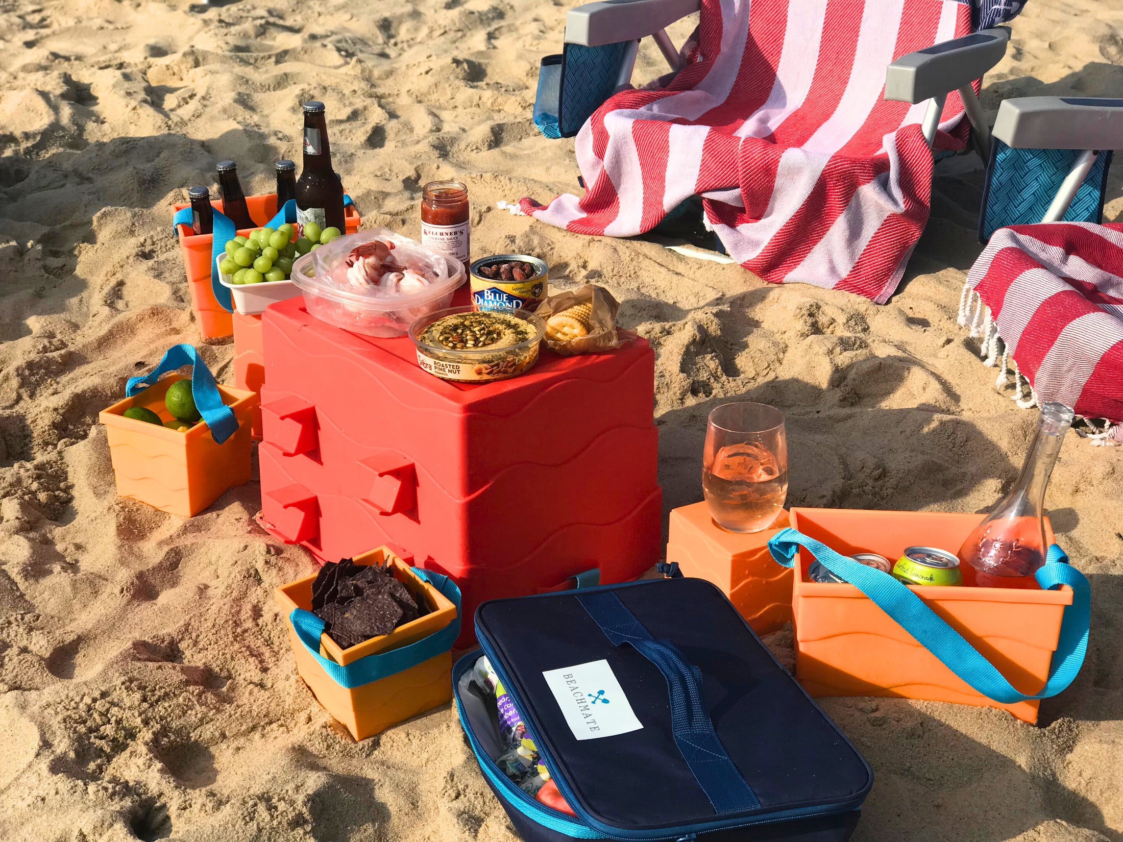 Beachmate buckets used as snack and drink caddies on the beach