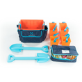 Load image into Gallery viewer, A collection of beach gear including a bottomless tote bag with pockets, a soft-sided cooler, two shovels, and five plastic buckets in varying sizes, all laid out on a white background.
