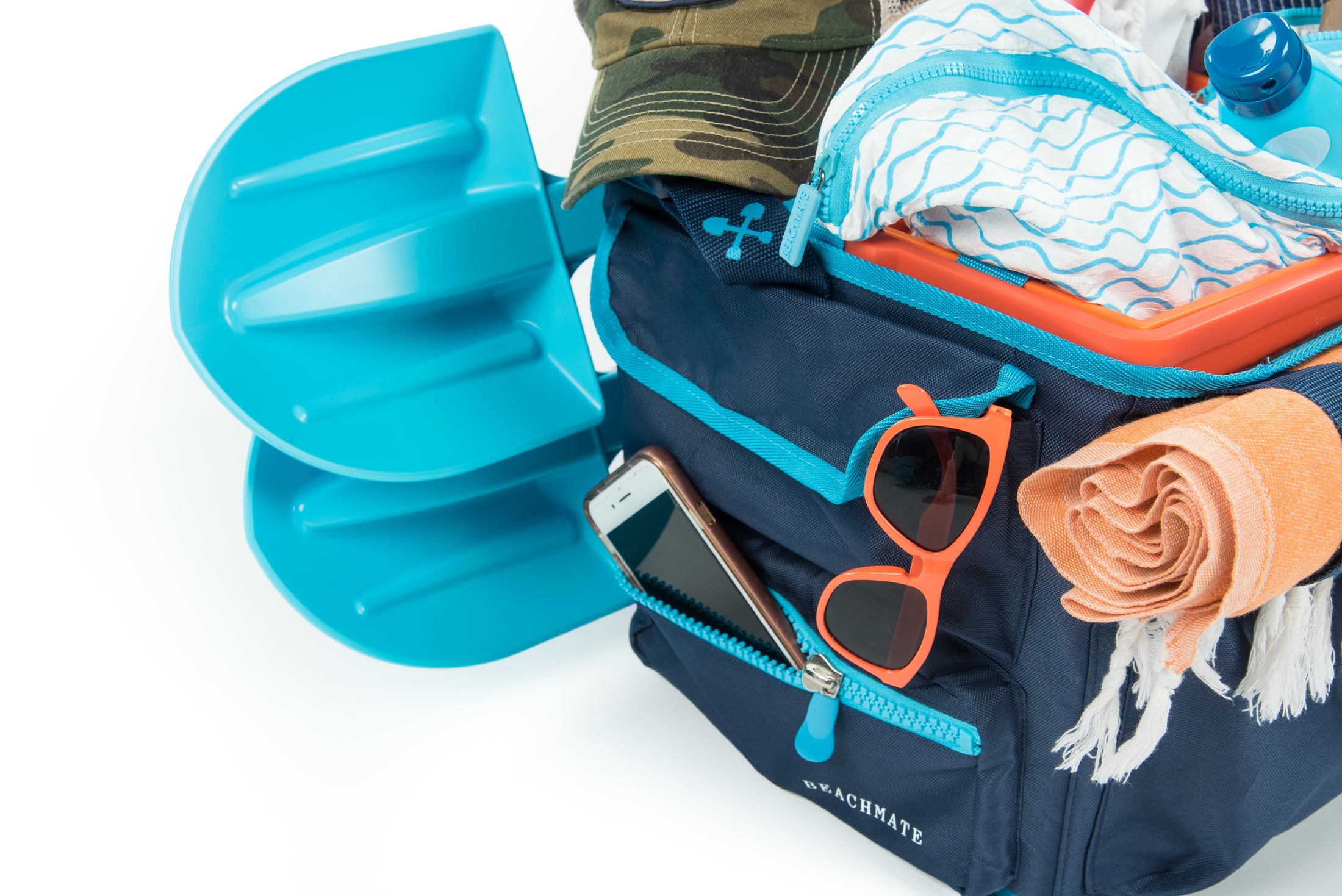 Beachmate System packed with beach gear, shoulder strap and accessories